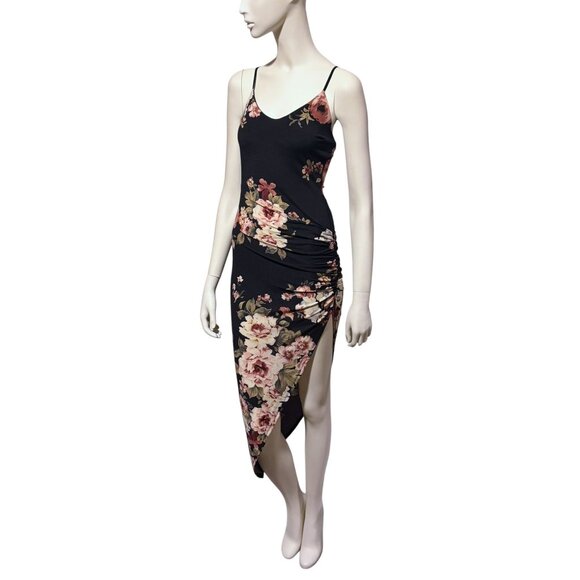 Vintage 90s Asymmetric Slip Dress S Ruched Adjustable Cross Back Romantic Baddie - Picture 1 of 6